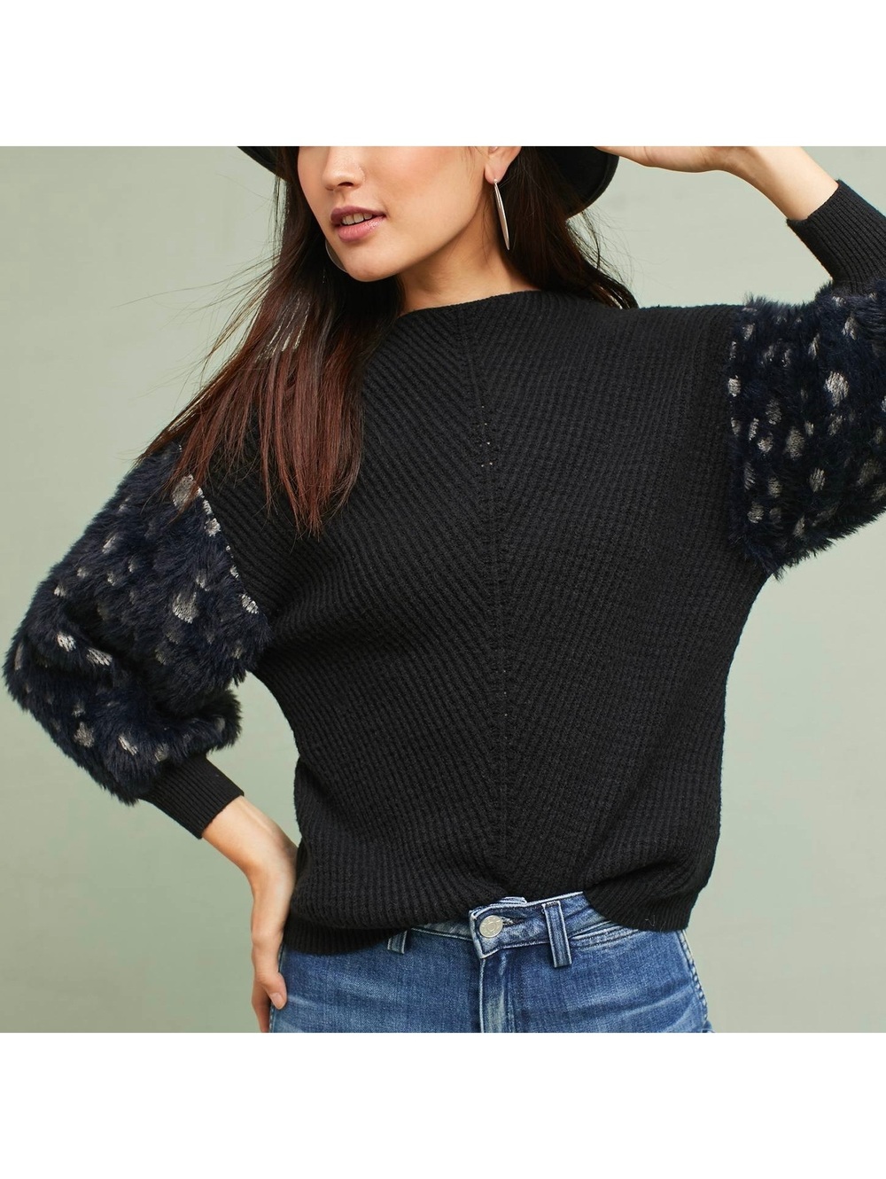 Anthropologie Knitted & Knotted Mock Neck Fuzzy Sleeve Sweater — Size M